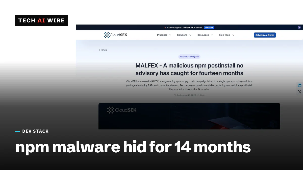 Screenshot of CloudSEK's blog post MALFEX - A malicious npm postinstall no advisory has caught for fourteen months, above the report's header image.
