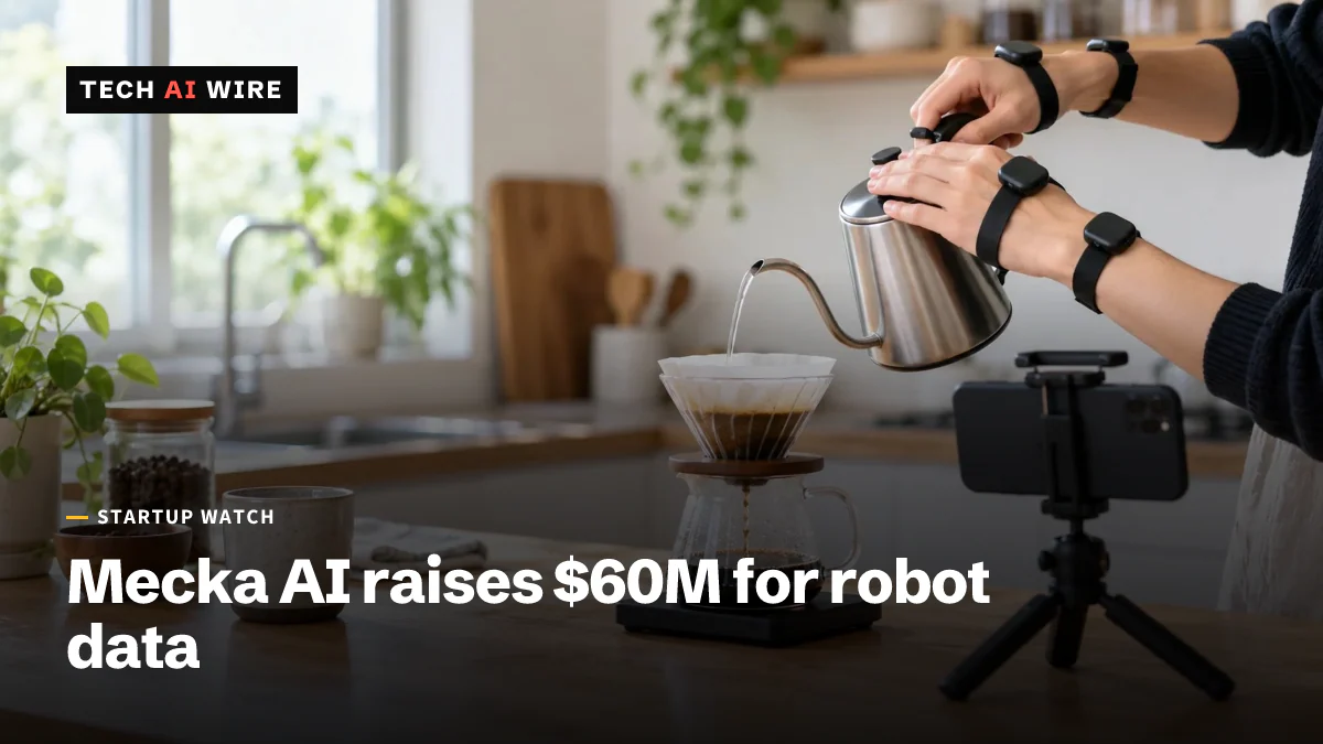 A person's hands, fitted with small motion sensors on the wrists and backs of the hands, make pour-over coffee while a smartphone on a tripod records them.