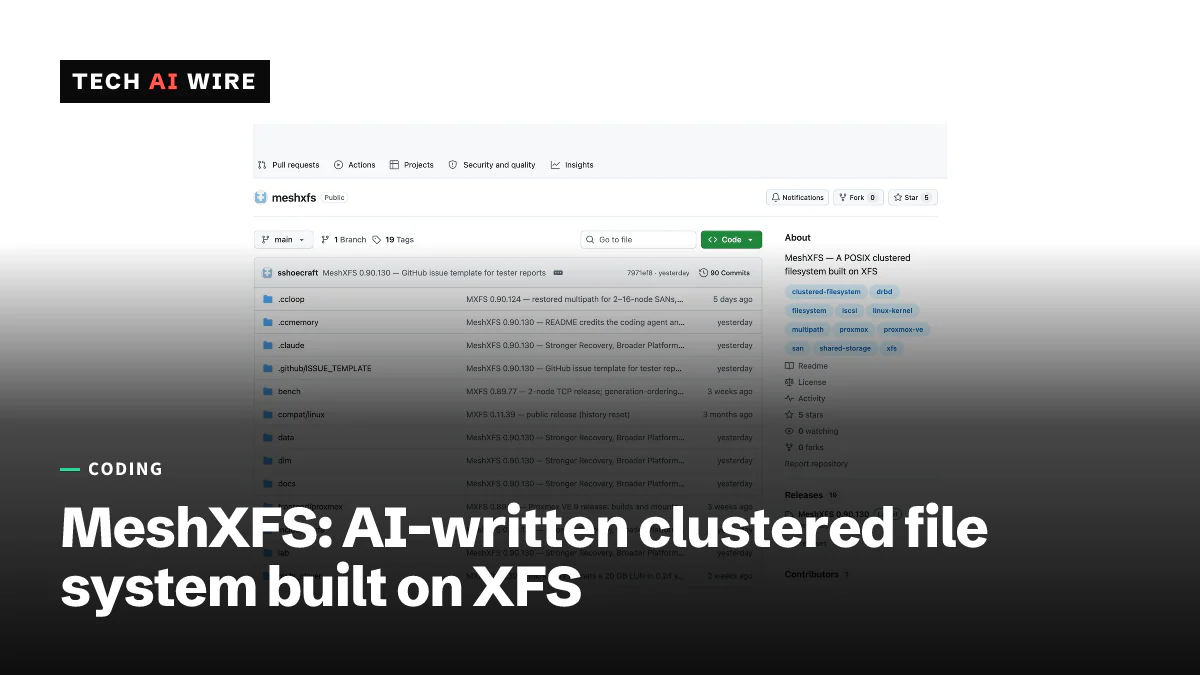 The sshoecraft/meshxfs repository on GitHub, described as a POSIX clustered filesystem built on XFS, with MeshXFS 0.90.130 marked as the latest release.