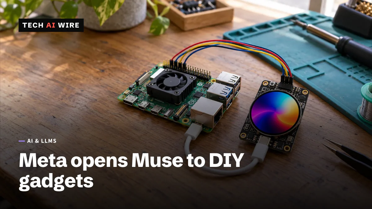 A Raspberry Pi 5 wired to a small board with a round color screen on a maker's wooden desk, the kind of hobby hardware Muse Gadgets targets.