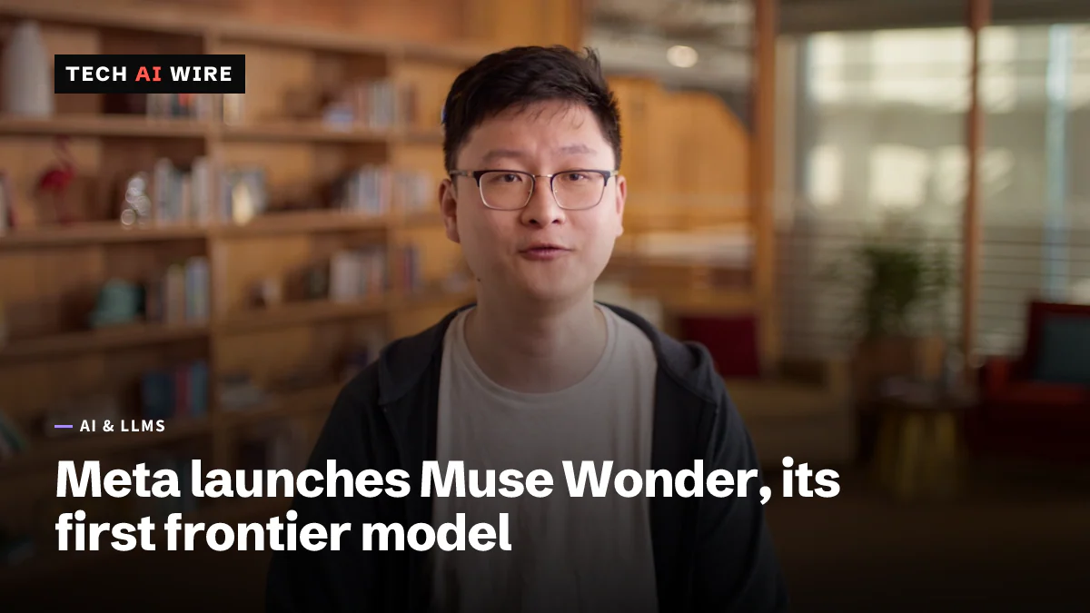 A Meta researcher in glasses and a dark hoodie speaks to the camera in front of wooden bookshelves, in a still from Meta's Muse Wonder launch video.