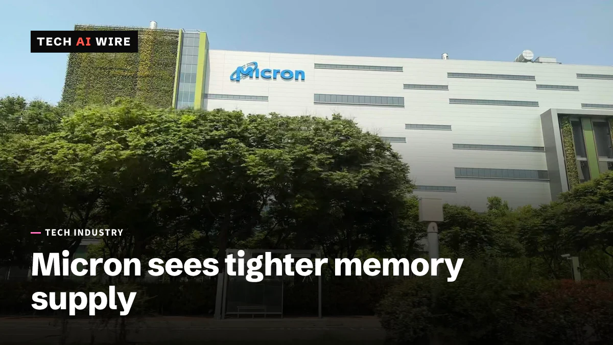 A large white Micron factory building with the blue Micron logo on its facade and a green plant-covered wall, seen behind a row of trees in Taichung, Taiwan.