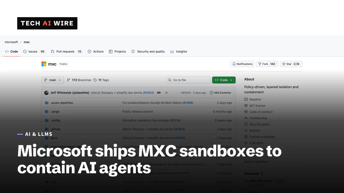 The microsoft/mxc repository page on GitHub, which describes the project as policy-driven, layered isolation and containment.