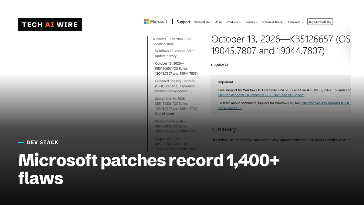 Microsoft Support's page for the October 13, 2026 Windows 10 security update KB5126657, with the update history listed down the left side.