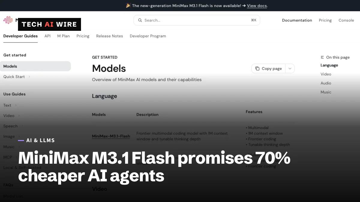 MiniMax's developer documentation Models page, with a banner announcing M3.1 Flash and a table listing MiniMax-M3.1-Flash above MiniMax-M3.