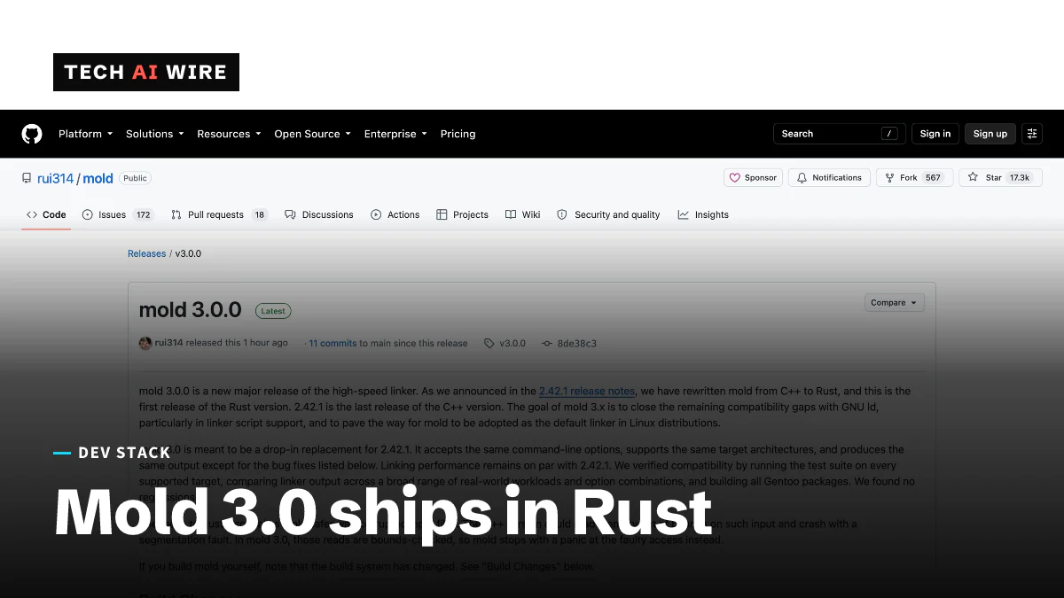 Screenshot of the mold 3.0.0 release page on GitHub, with release notes announcing the rewrite from C++ to Rust.