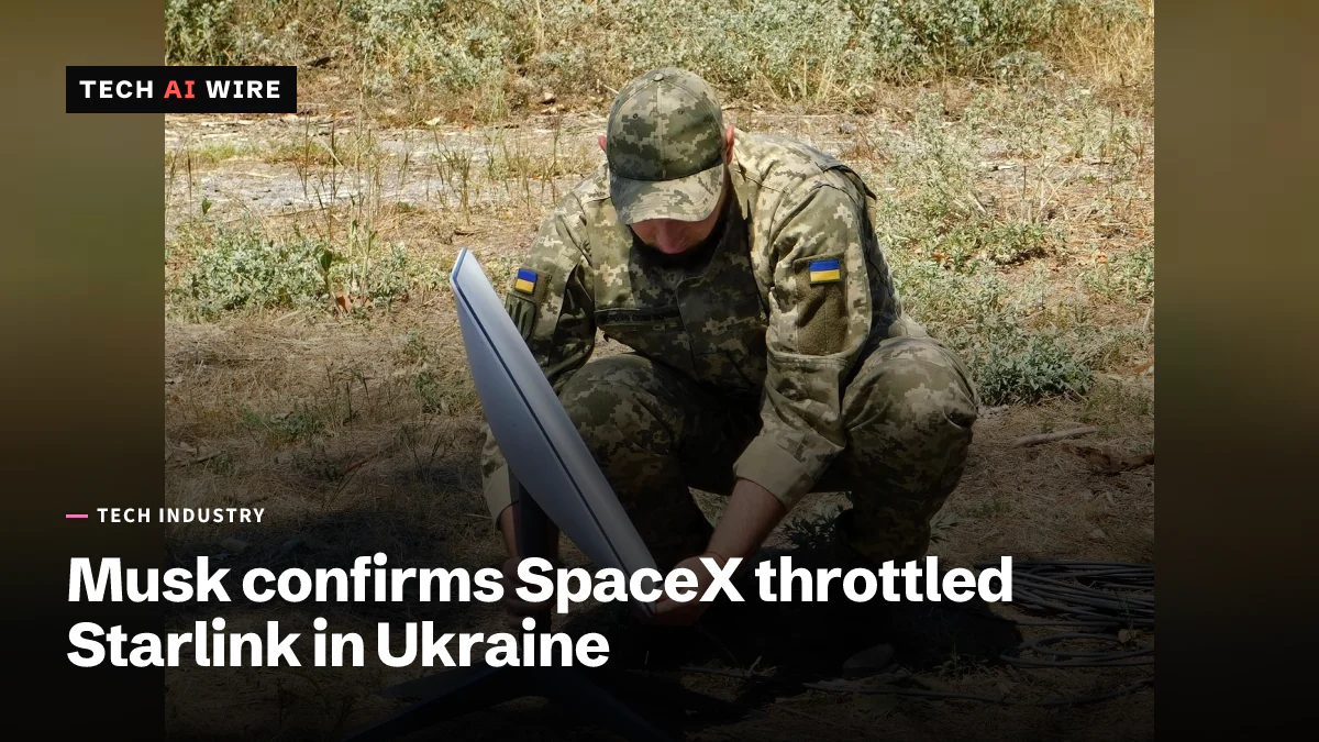 A Ukrainian soldier in camouflage kneels on dry grass to set up a white Starlink satellite dish on its stand.