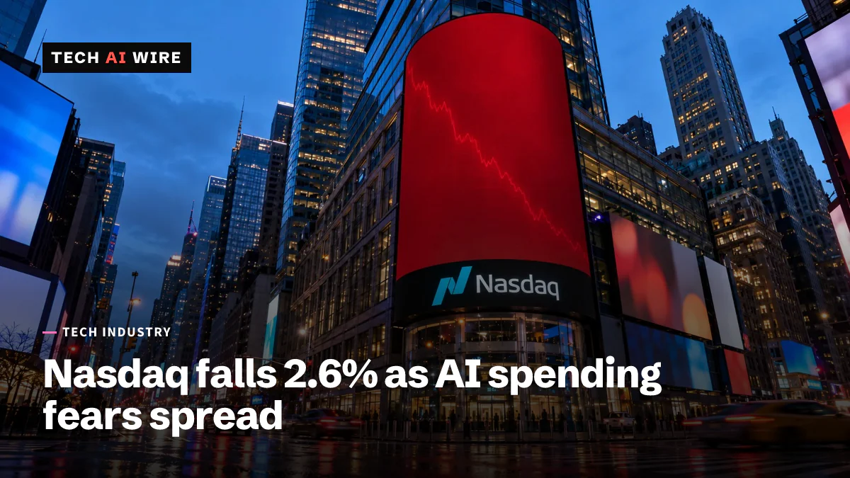 The Nasdaq tower in Times Square at dusk on a rainy evening, its curved screen glowing red with a falling line above the Nasdaq logo.