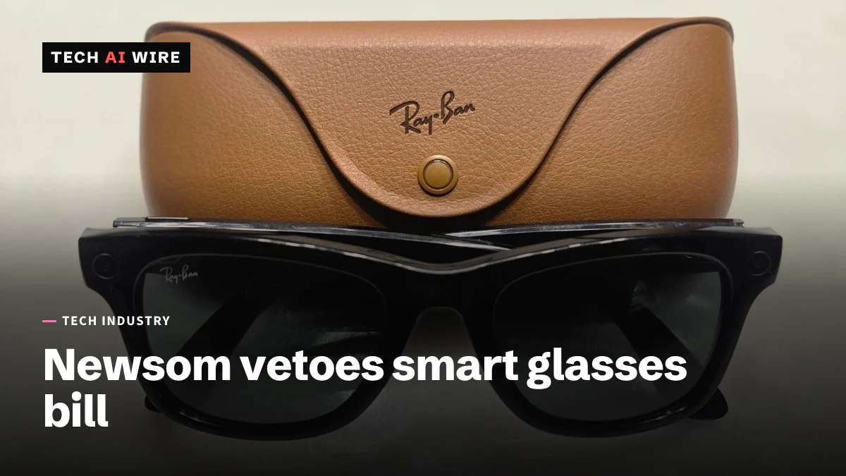 A pair of black Ray-Ban Meta Gen 1 smart glasses, with small camera lenses at the corners of the frame, resting in front of a brown Ray-Ban case.