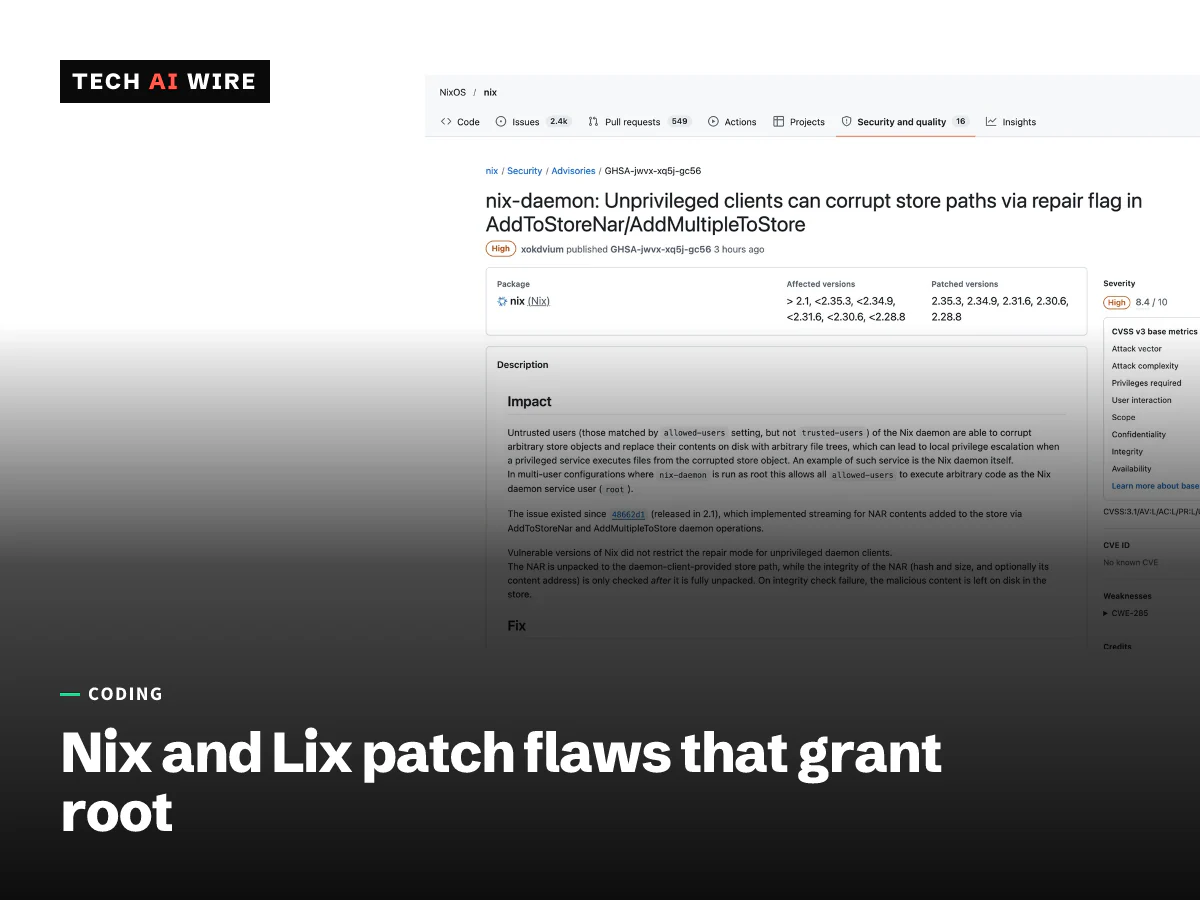 The GitHub security advisory GHSA-jwvx-xq5j-gc56 for nix-daemon, marked High with a severity of 8.4 out of 10, listing affected and patched Nix versions.
