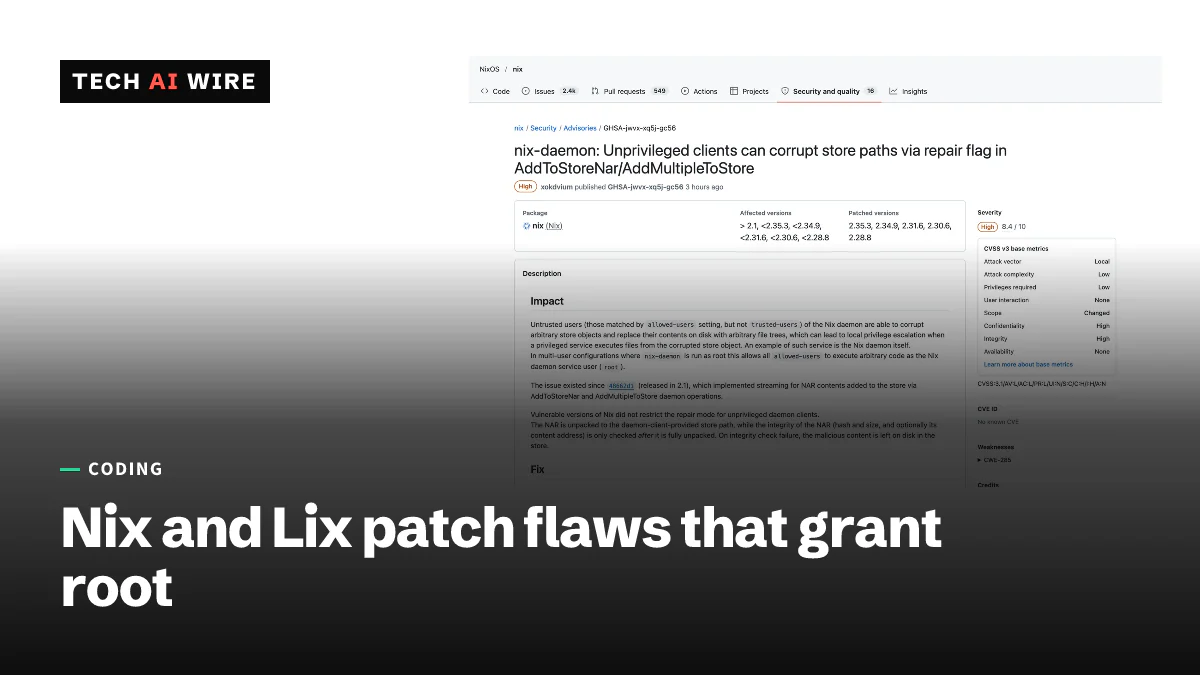 The GitHub security advisory GHSA-jwvx-xq5j-gc56 for nix-daemon, marked High with a severity of 8.4 out of 10, listing affected and patched Nix versions.