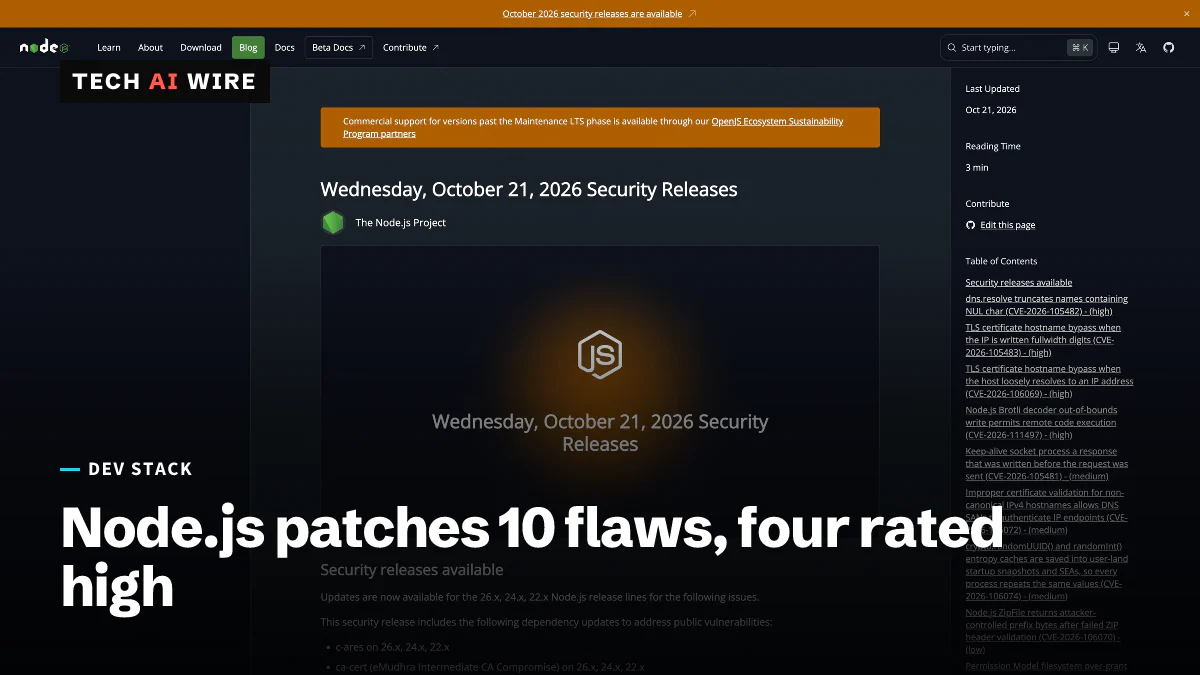 The Node.js blog post titled Wednesday, October 21, 2026 Security Releases, with a table of contents listing the CVEs it fixes.