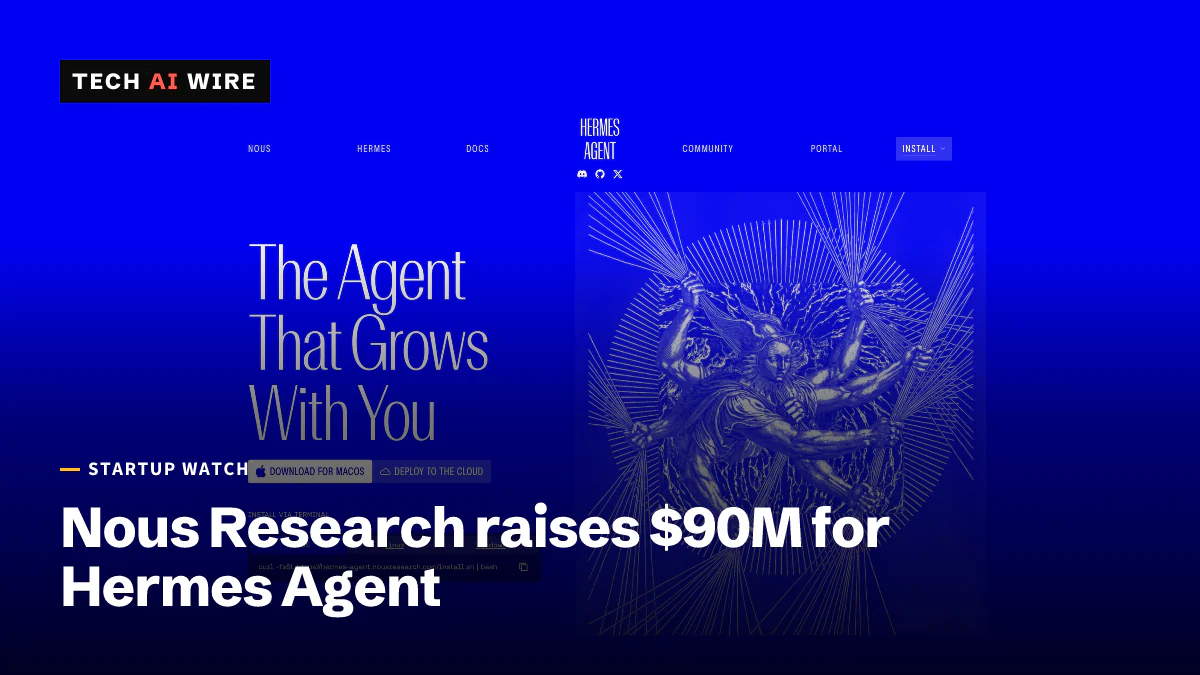 The Hermes Agent home page in bright blue, with the headline The Agent That Grows With You beside an engraving of a many-armed winged figure.