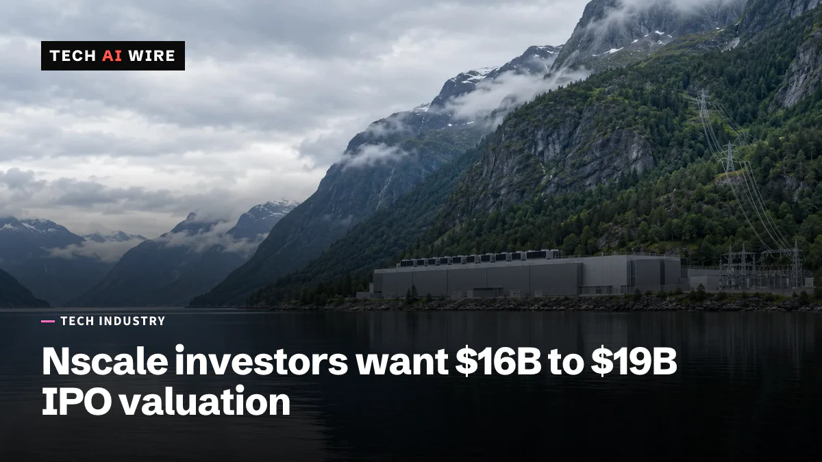 A long, low, windowless data center building with rooftop cooling units on the shore of a Norwegian fjord, steep mountains behind it and power lines running down the slope.