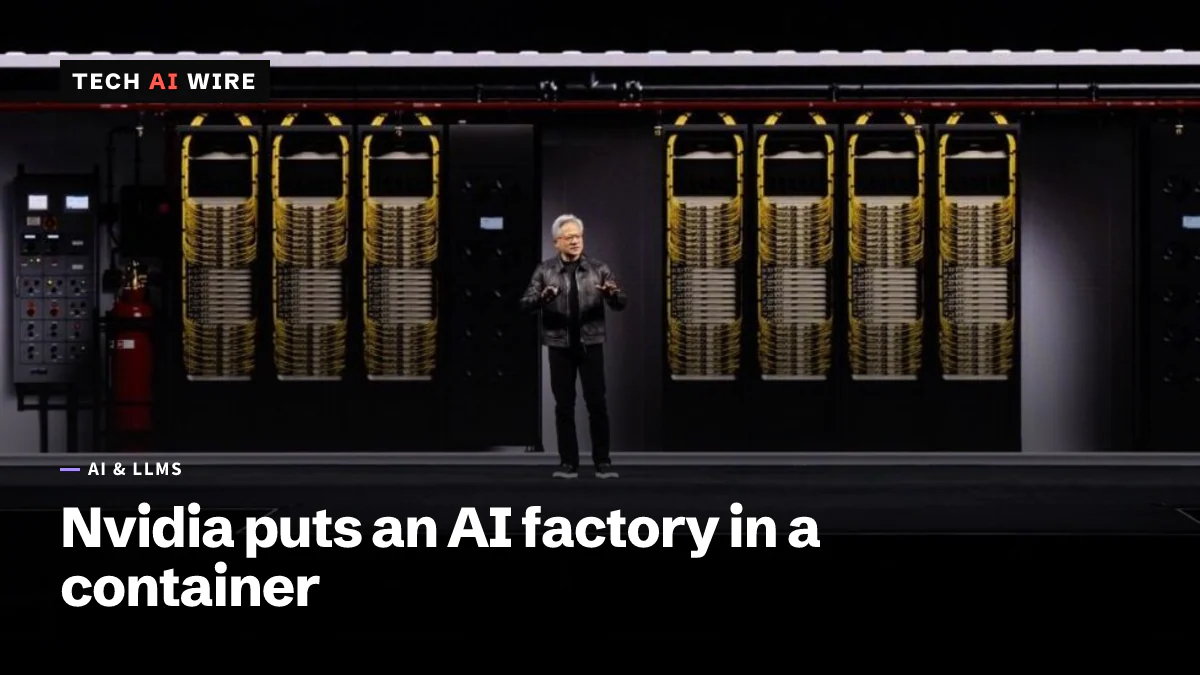 Jensen Huang on stage at GTC Berlin in front of a cutaway image of a shipping container filled with server racks wired in yellow cables.