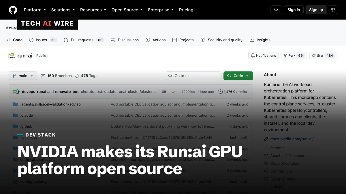 NVIDIA's run-ai repository page on GitHub, which describes Run:ai as an AI workload orchestration platform for Kubernetes.