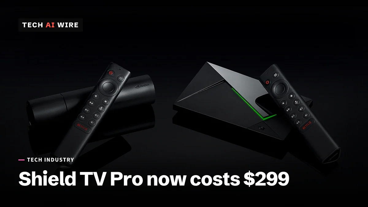 Nvidia's press photo of its two Shield TV models on a black surface: the cylindrical Shield TV and the angular Shield TV Pro, each with its remote.