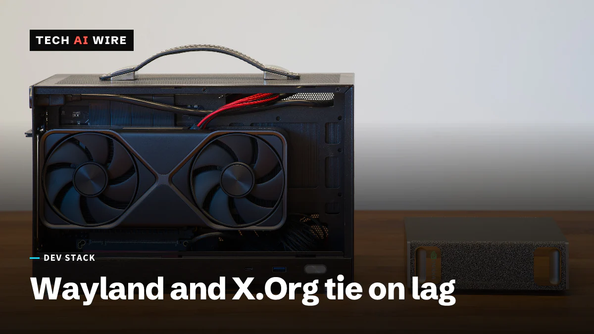 Une carte graphique NVIDIA GeForce RTX 5070 Founders Edition dans un PC compact ouvert posé sur un bureau en bois, à côté d'un NVIDIA DGX Spark.
