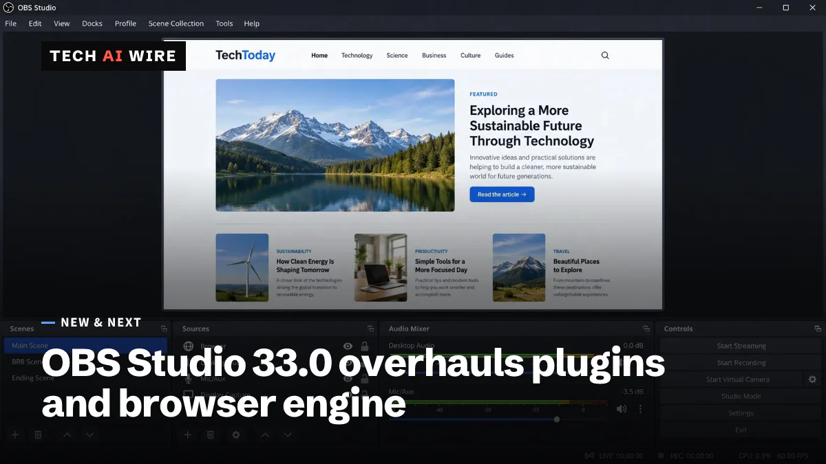 Una ventana de OBS Studio que muestra una página web como fuente de navegador en la vista previa, con los paneles Escenas, Fuentes, Mezclador de audio y Controles debajo.