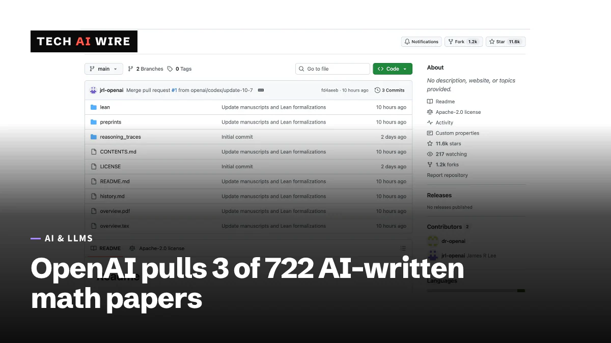 Screenshot of OpenAI's openai/math repository page on GitHub, listing the lean, preprints and reasoning_traces folders and the history.md file.