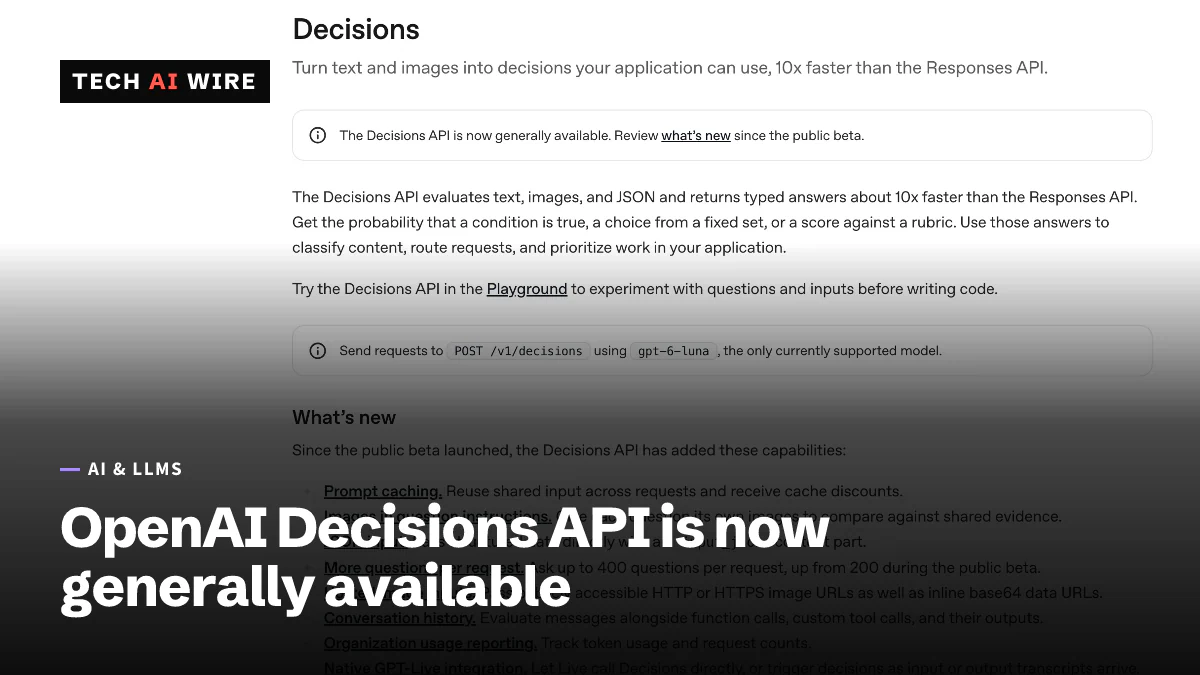 OpenAIのDecisions APIのドキュメントページ。APIが一般提供になったという告知と、パブリックベータ以降の新機能の一覧が表示されています。