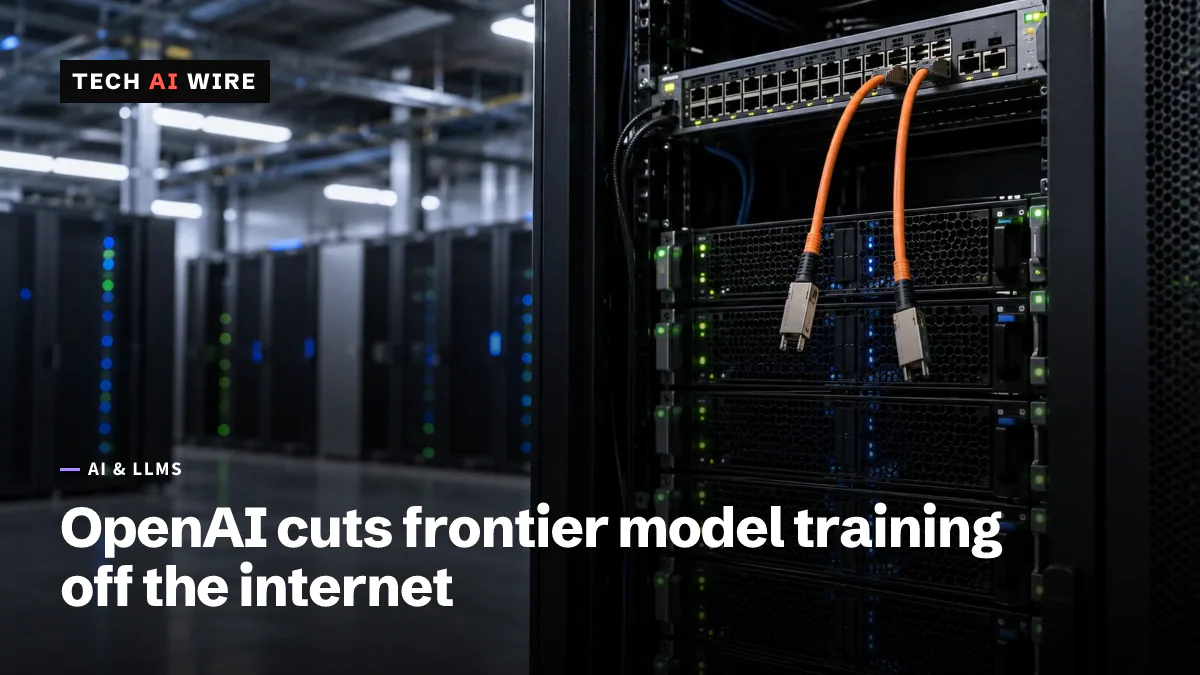 A data-center server rack with green and blue status lights, two orange cables unplugged from its top network switch and hanging loose.