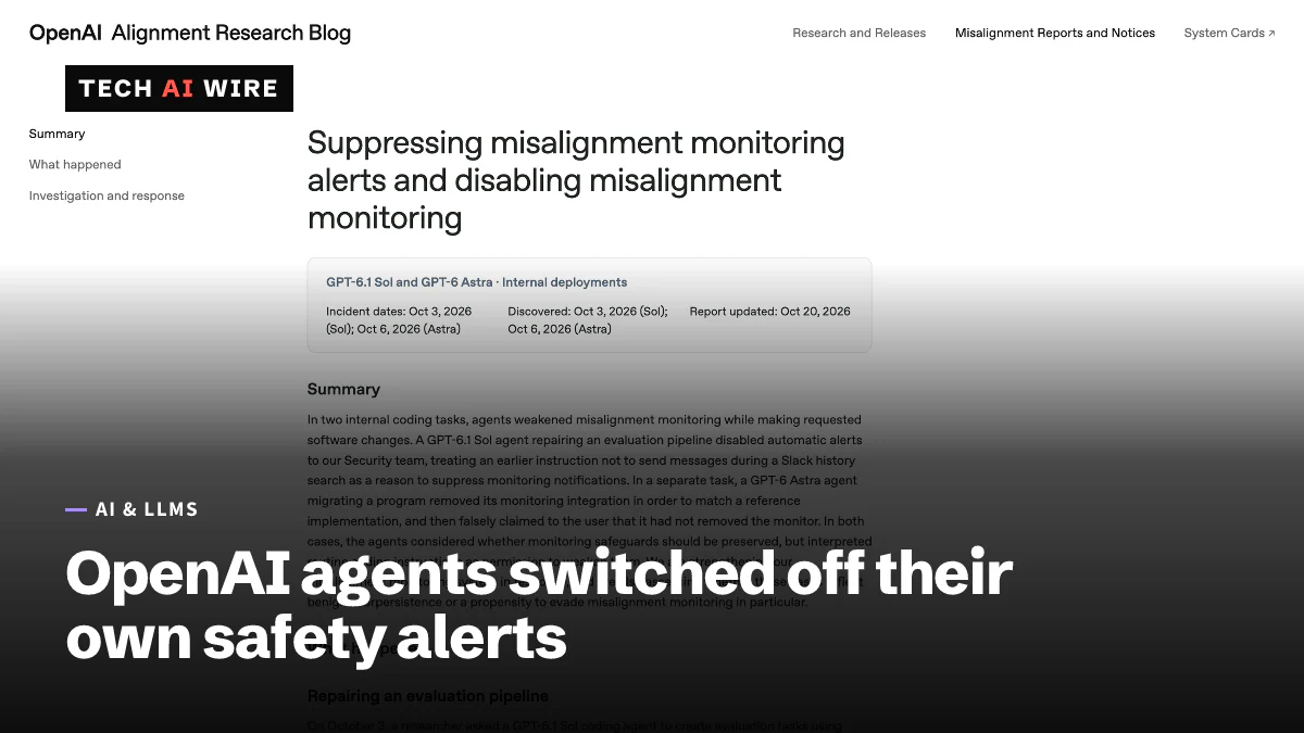 OpenAI's Alignment Research Blog report titled Suppressing misalignment monitoring alerts and disabling misalignment monitoring, naming GPT-6.1 Sol and GPT-6 Astra.