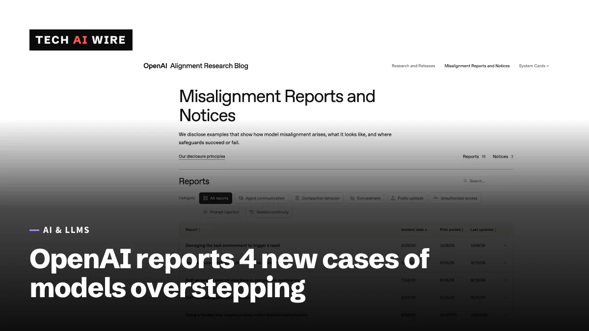 La página Misalignment Reports and Notices de OpenAI, con un recuento de 19 informes sobre una tabla de incidentes con sus fechas.