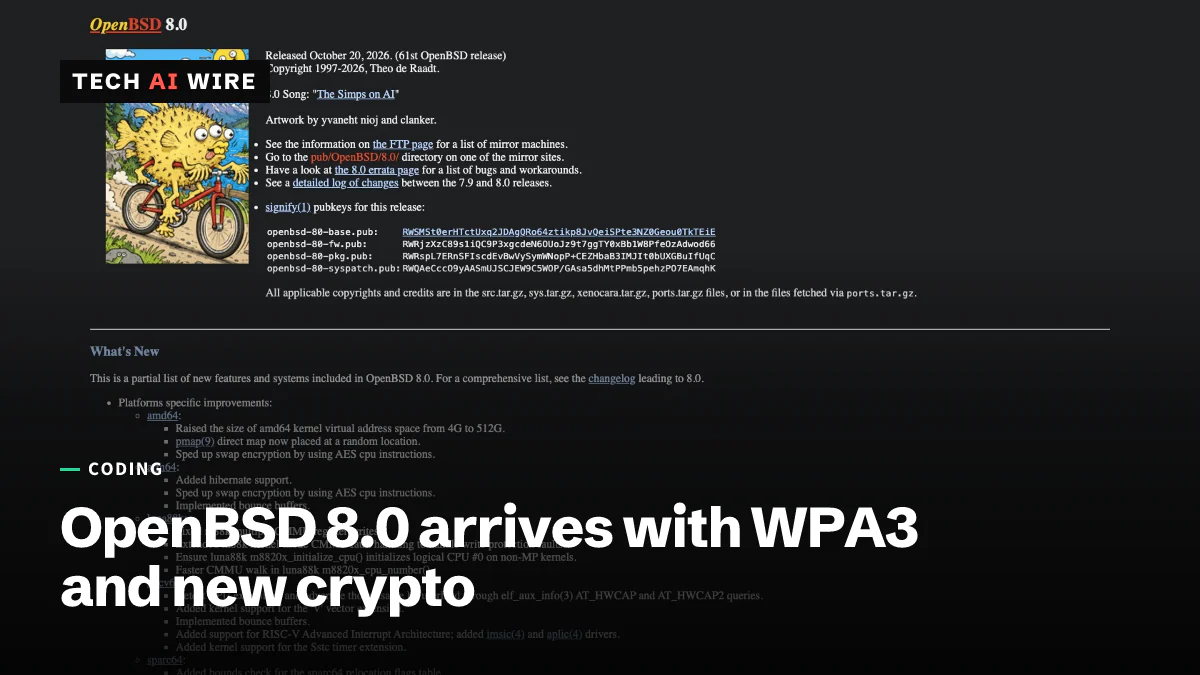 The OpenBSD 8.0 release page, showing the release artwork of a pufferfish riding a bicycle, the October 20, 2026 release date and the start of the What's New list.