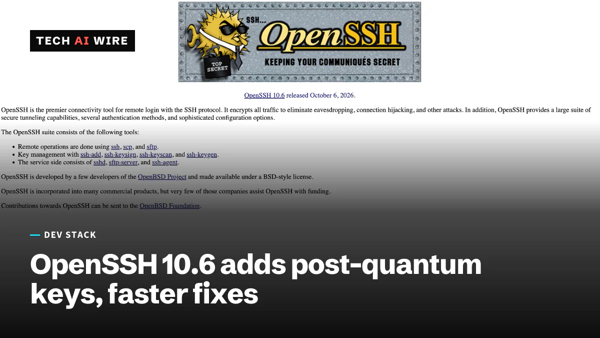The OpenSSH home page, with its pufferfish logo banner and a line announcing OpenSSH 10.6, released October 6, 2026.