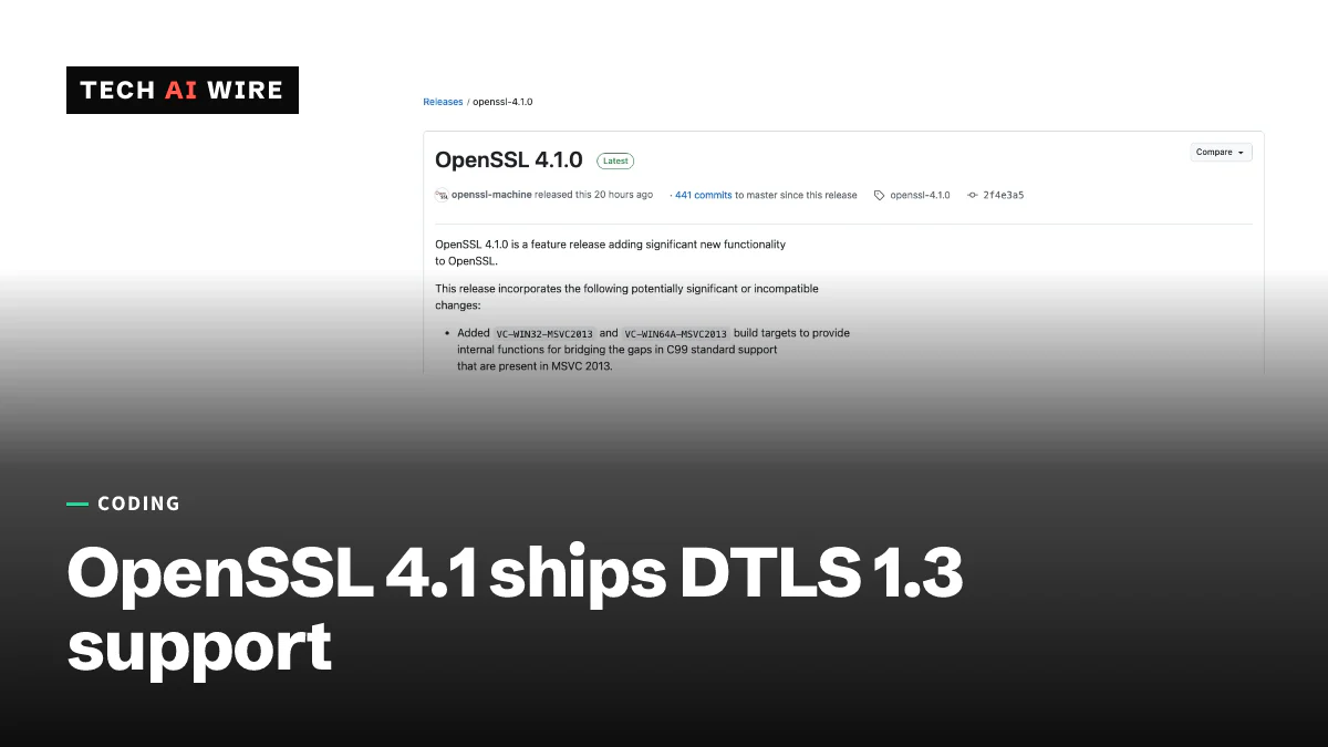 Screenshot of the OpenSSL 4.1.0 release page on GitHub, marked Latest, with the first lines of its release notes.
