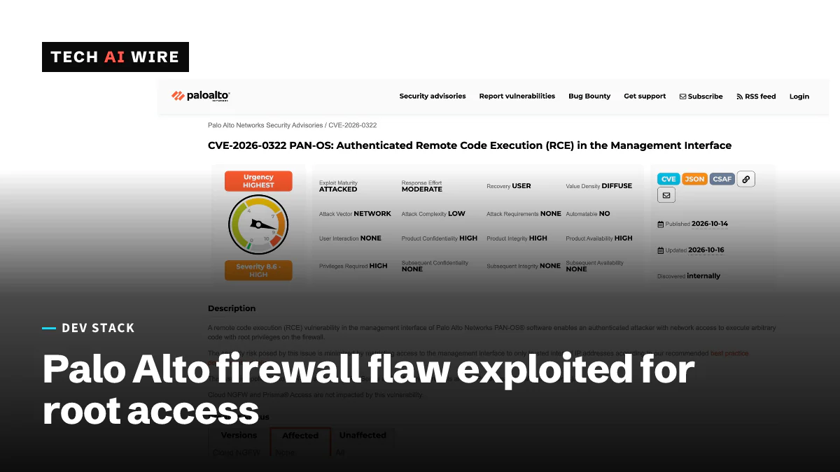 Palo Alto Networks' security advisory page for CVE-2026-0322, showing a severity score of 8.6 and exploit maturity marked as attacked.