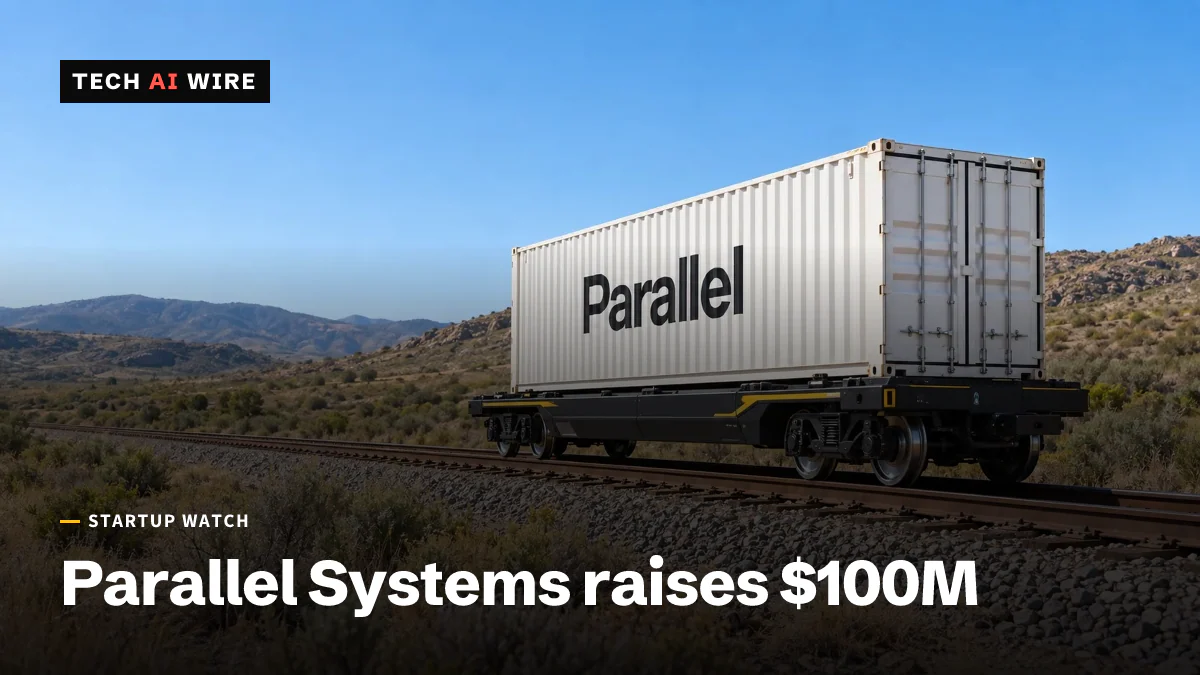 A battery-electric railcar carrying a white container marked Parallel sits on a single rail track in dry scrubland under a clear blue sky.