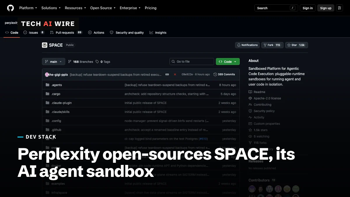 The perplexityai/SPACE repository on GitHub, described as a Sandboxed Platform for Agentic Code Execution under the Apache-2.0 license.