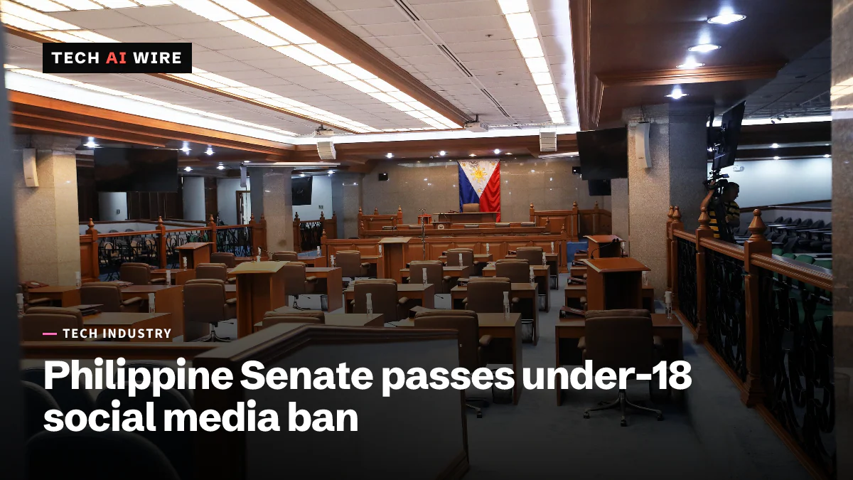 The empty session hall of the Senate of the Philippines, with rows of wooden desks and the Philippine flag behind the rostrum.
