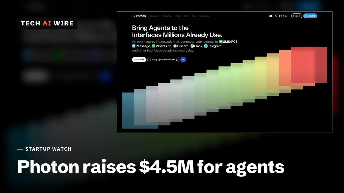 Screenshot of Photon's homepage, headlined 'Bring Agents to the Interfaces Millions Already Use', above a diagonal row of colored panels.