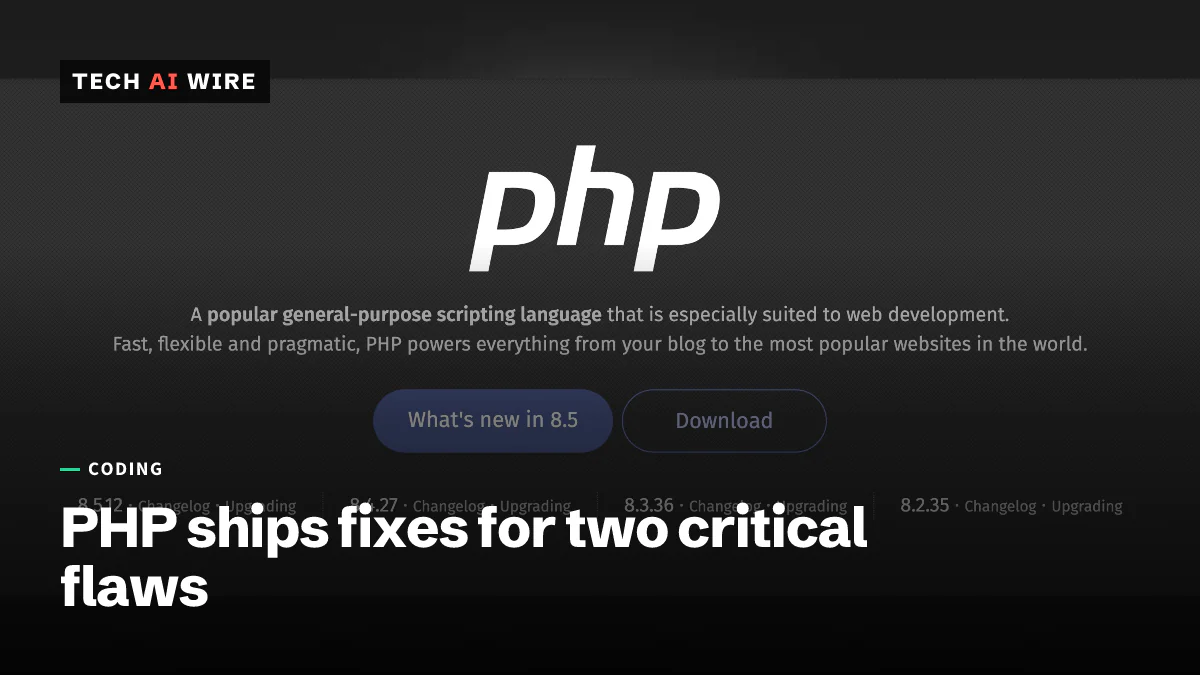 The php.net homepage on October 21, 2026: the PHP logo above links to the 8.5.12, 8.4.27, 8.3.36 and 8.2.35 releases.