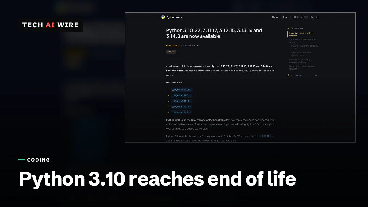 Screenshot of the Python Insider post announcing Python 3.10.22, 3.11.17, 3.12.15, 3.13.16 and 3.14.8, with download links for each release.