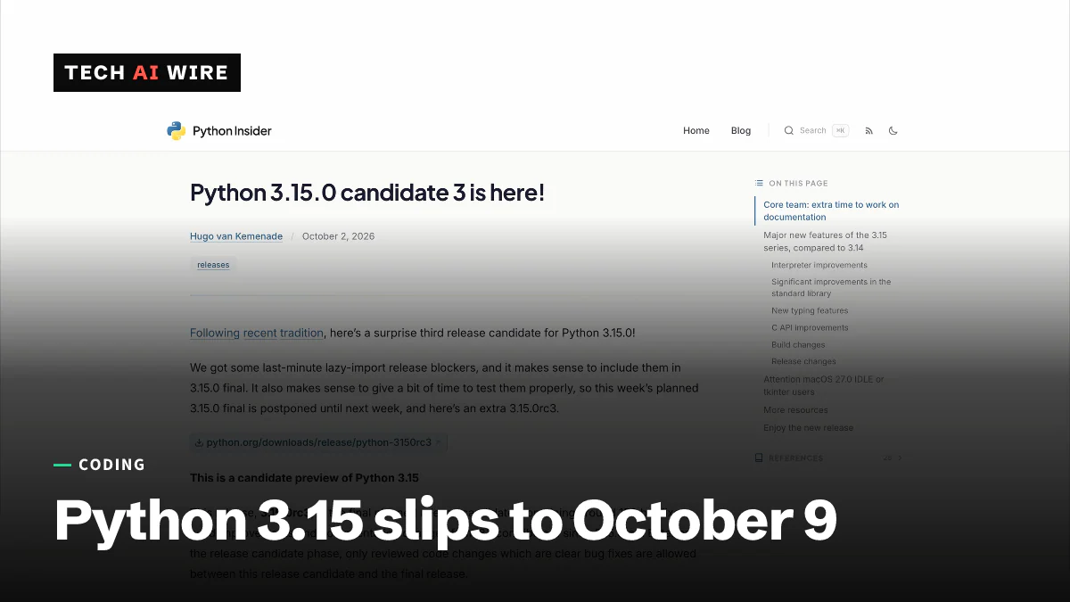 Screenshot of the Python Insider post 'Python 3.15.0 candidate 3 is here!' by Hugo van Kemenade, dated October 2, 2026, explaining the lazy-import release blockers.