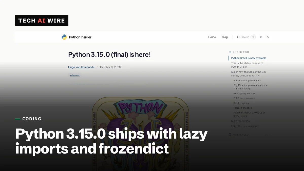 Captura de tela da publicação do Python Insider «Python 3.15.0 (final) is here!», de Hugo van Kemenade, datada de 9 de outubro de 2026, com a arte de lançamento do 3.15.
