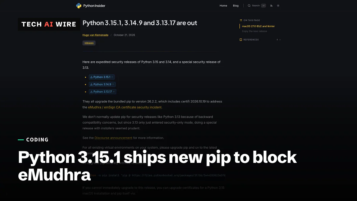 The Python Insider post Python 3.15.1, 3.14.9 and 3.13.17 are out, with download links and a note on pip 26.2.2 and certifi 2026.10.19.