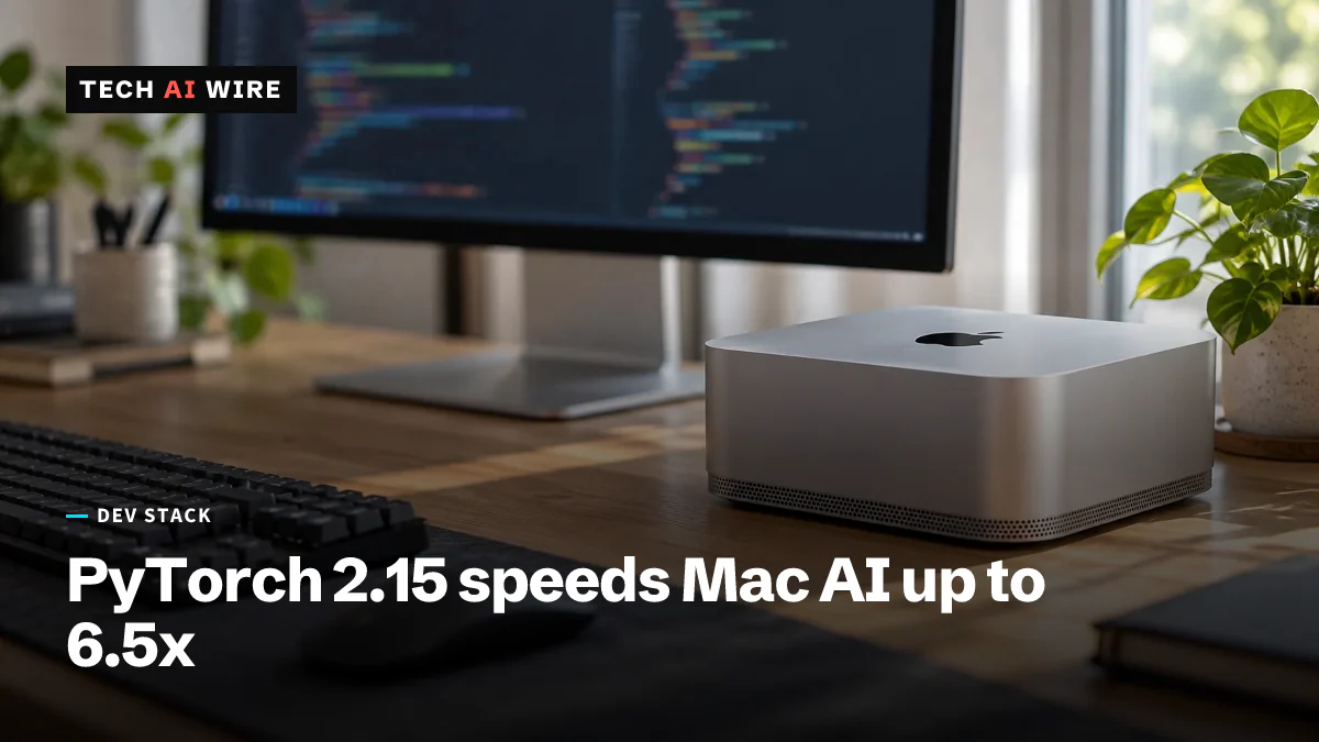 A silver Apple Mac Studio on a sunlit wooden desk beside a monitor showing blurred lines of code, with a keyboard, mouse and potted plants nearby.