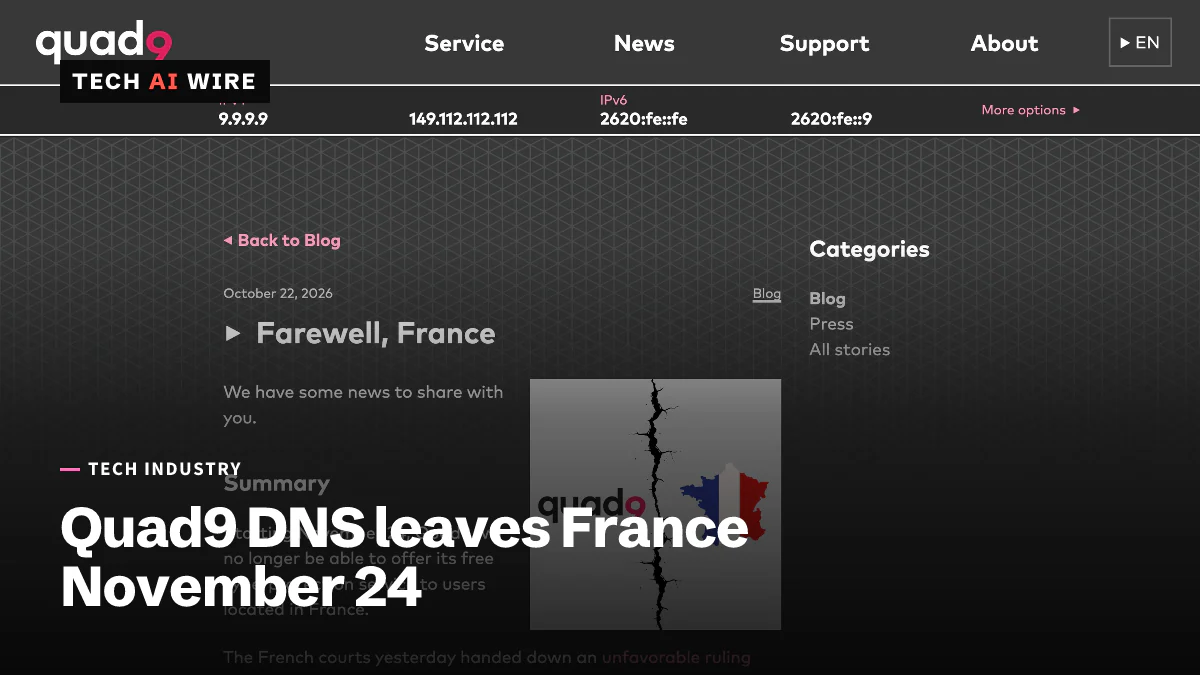 Quad9 blog post titled Farewell, France, dated October 22, 2026, below a bar listing the 9.9.9.9 resolver addresses, beside an image of the Quad9 logo split from a map of France.