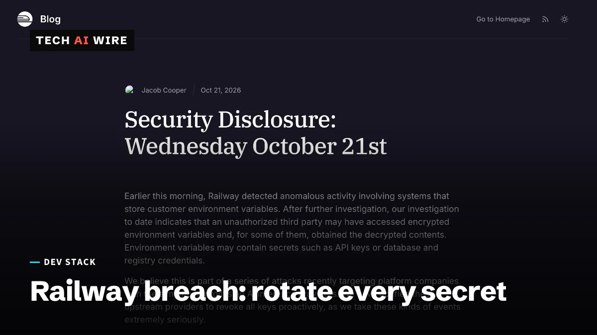 Railway blog post by Jacob Cooper dated Oct 21, 2026, titled Security Disclosure: Wednesday October 21st, describing anomalous activity in systems that store customer environment variables.