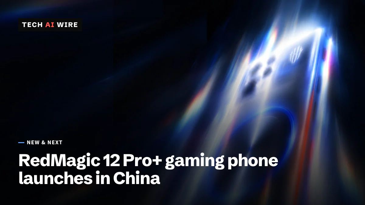 RedMagic's official teaser art for the RedMagic 12 Pro, showing the back of a phone with a glowing blue ring, wrapped in streaks of light.