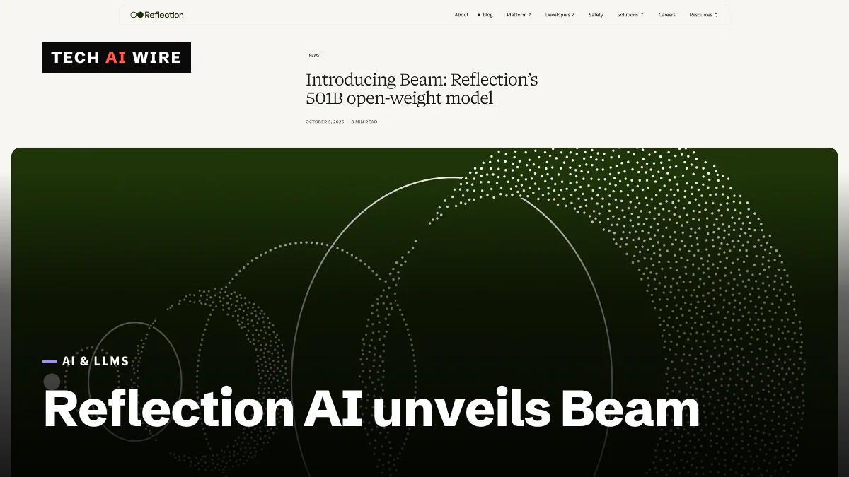 Screenshot of Reflection's announcement page headed Introducing Beam: Reflection's 501B open-weight model, above a dark green graphic of dotted circles.