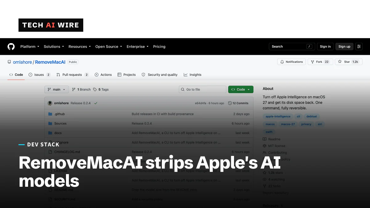 Screenshot of the RemoveMacAI repository page on GitHub, showing the project description and its file list.