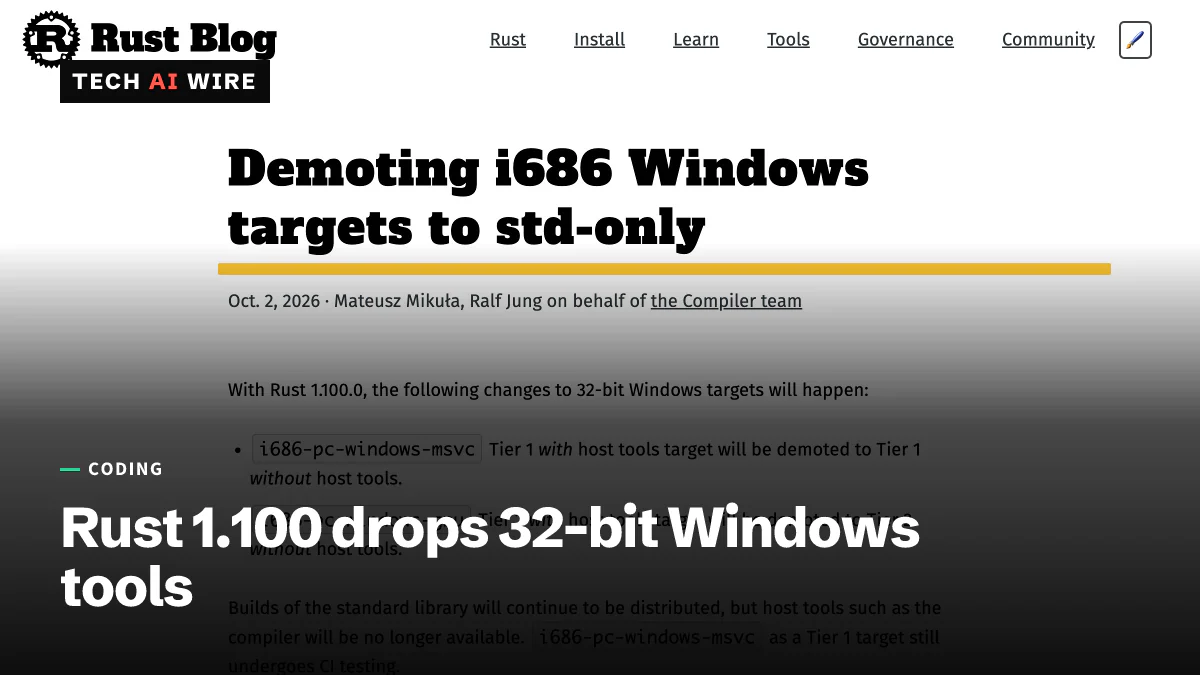 Screenshot of the Rust Blog post 'Demoting i686 Windows targets to std-only', dated October 2, 2026 and signed by Mateusz Mikuła and Ralf Jung for the compiler team.