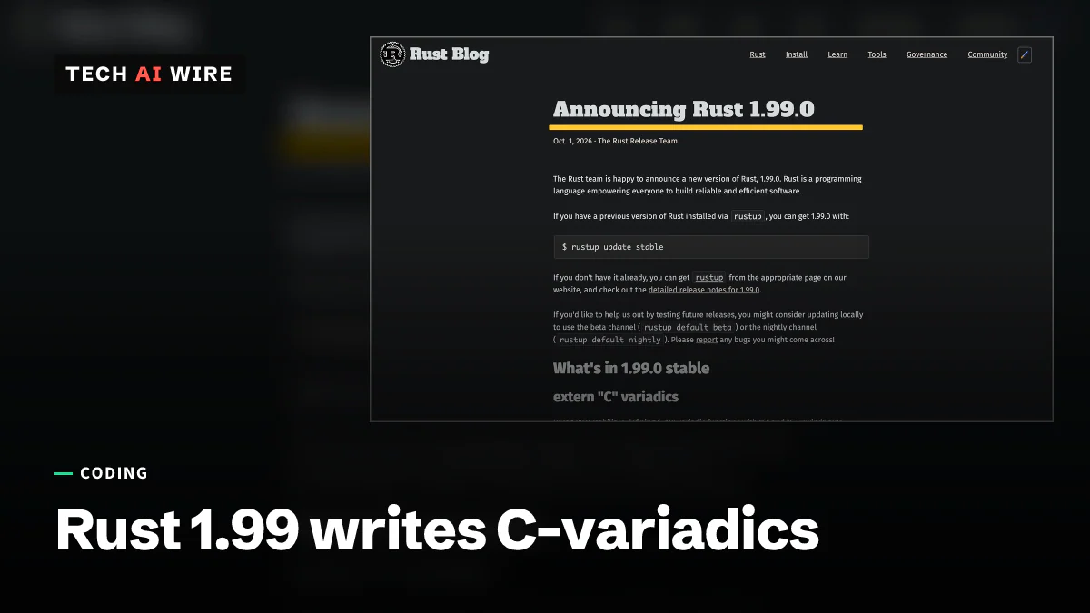 Screenshot of the Rust Blog post 'Announcing Rust 1.99.0', dated October 1, 2026, from the Rust Release Team.