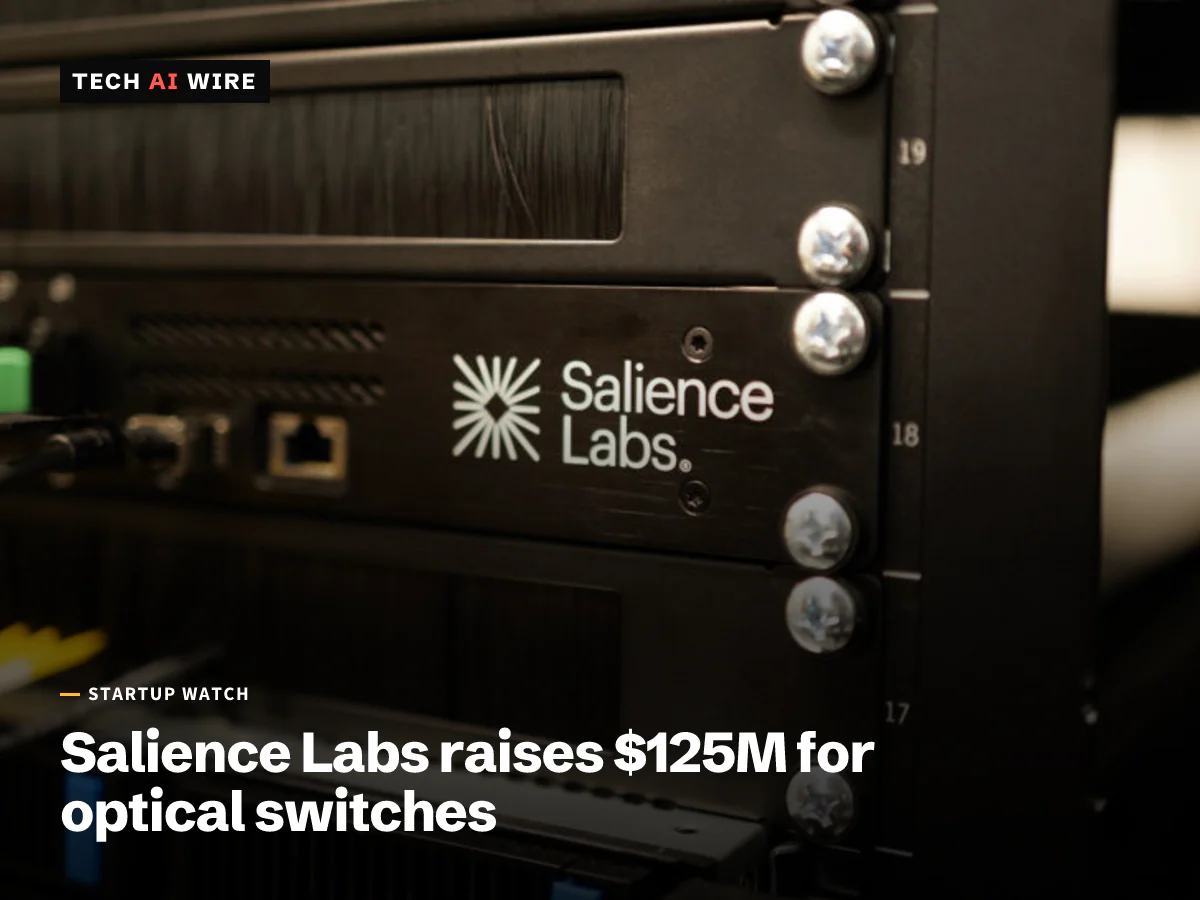 A black rack-mounted Salience Labs unit with the company logo, installed in a server rack with fiber and network cables plugged in.